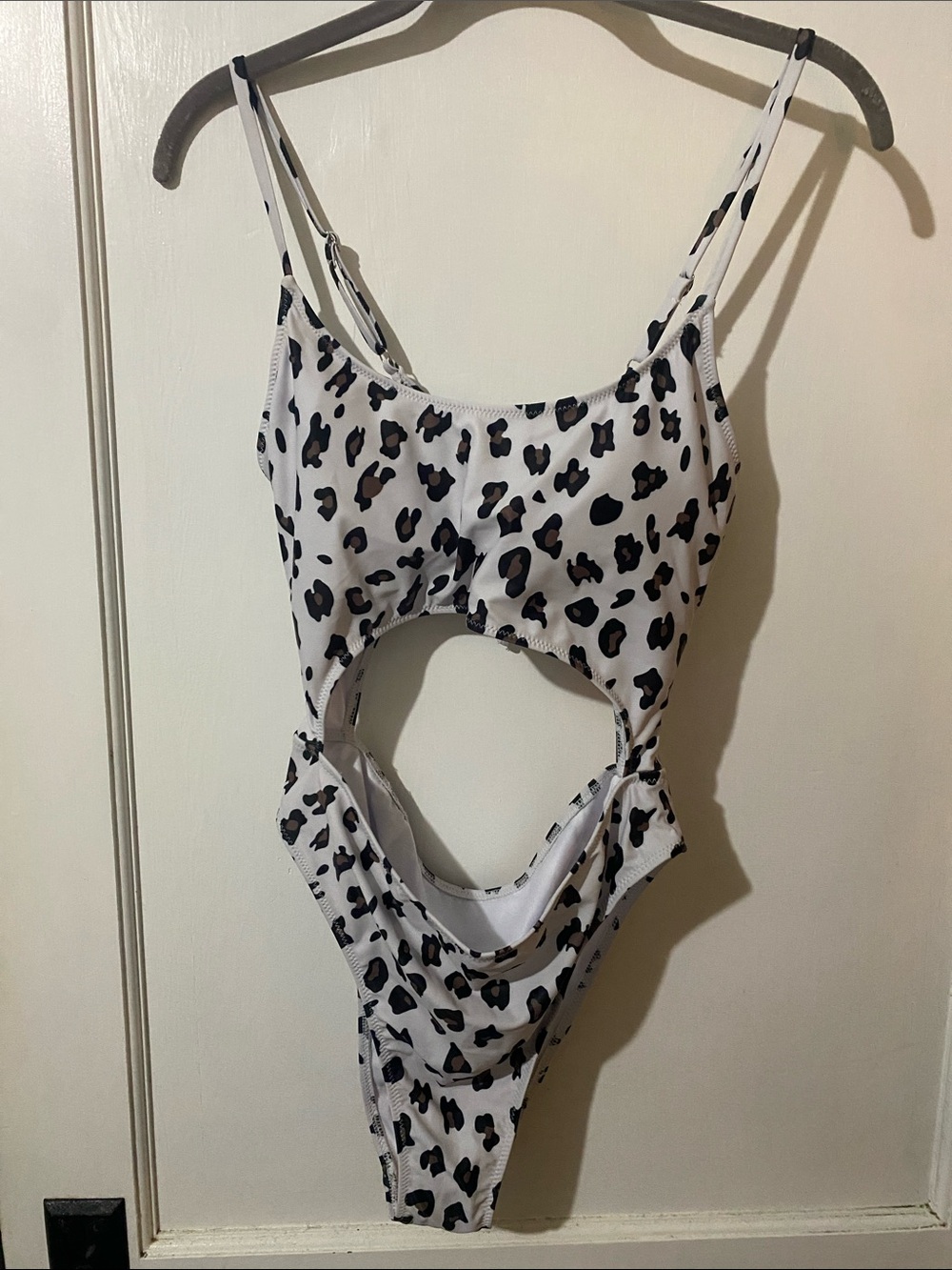 Leopard-Print Cutout One-Piece Swimsuit in White & Black